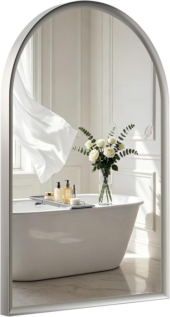 USHOWER Brushed Nickel Arched Bathroom Mirror for Over Sink, 24x36 Inch Silver Wall Mounted Mirror with Aluminum Alloy Frame, Suitable for Vanity, Bedroom, Living Room, Entryway Renovation