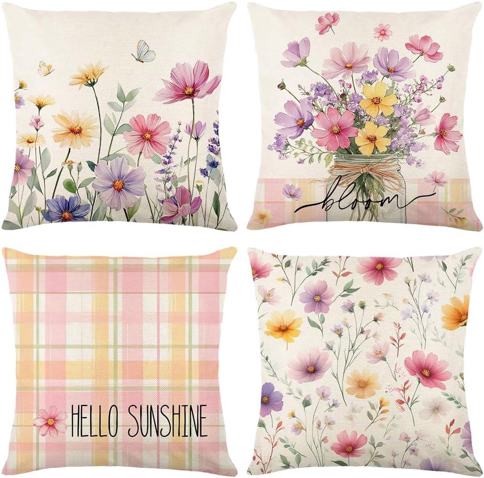 wyooxoo Farmhouse Pillow Covers 18x18 Set of 4 Spring Pink Throw Pillow Covers Floral Decorative Cushion Cases for Sofa Couch Living Room Outdoor Home Decor