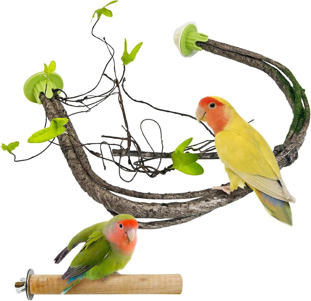 PINVNBY 2 PCS Bendable Bird Perches Simulation Branch Parrot Perch Stand with Green Leaf Hanging Paw Grinding Fork Cage Accessories for Parakeet Budgie Finch Cockatiel Conure (Large) (Style 1)