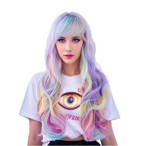 Rugelyss Rainbow Colorful Wigs for Women 26 Inches Long Wavy Fashion Synthetic Full Head Hair Wig with Bangs for Cosplay or Party