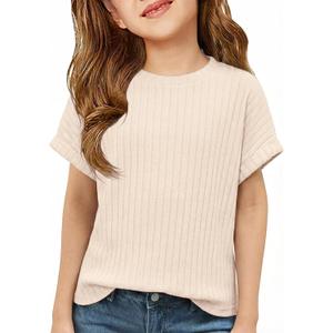 ZDC Girls Short Sleeve T Shirts Kids Summer Textured Tops Crewneck Casual Tee 5-14 Years (Beige)