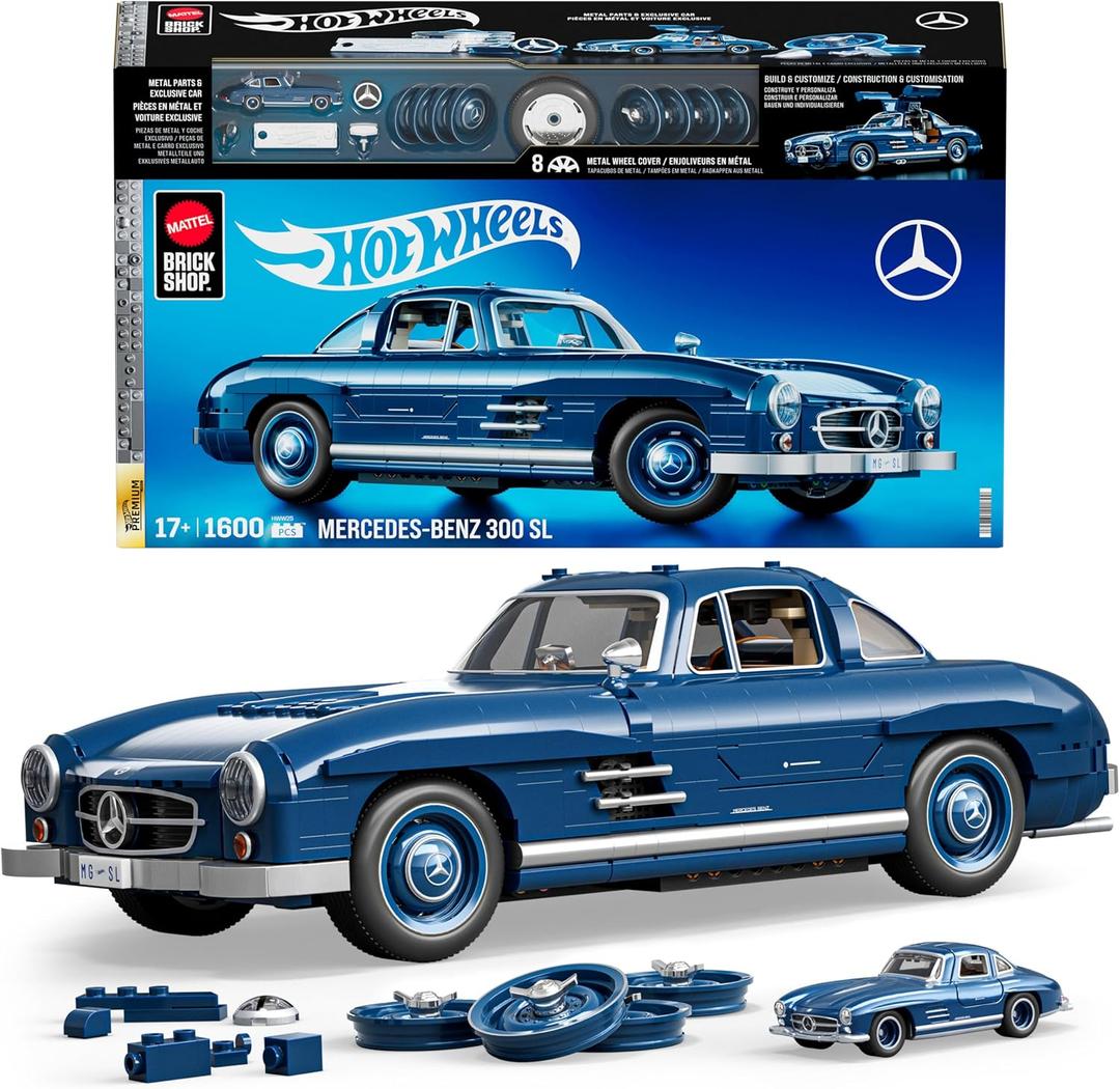 Mattel Brick Shop Hot Wheels Premium Series Building Set, Mercedes-Benz 300 SL with 1600 Pieces, Realistic Details and Metal Parts, Adult Collectors, Large