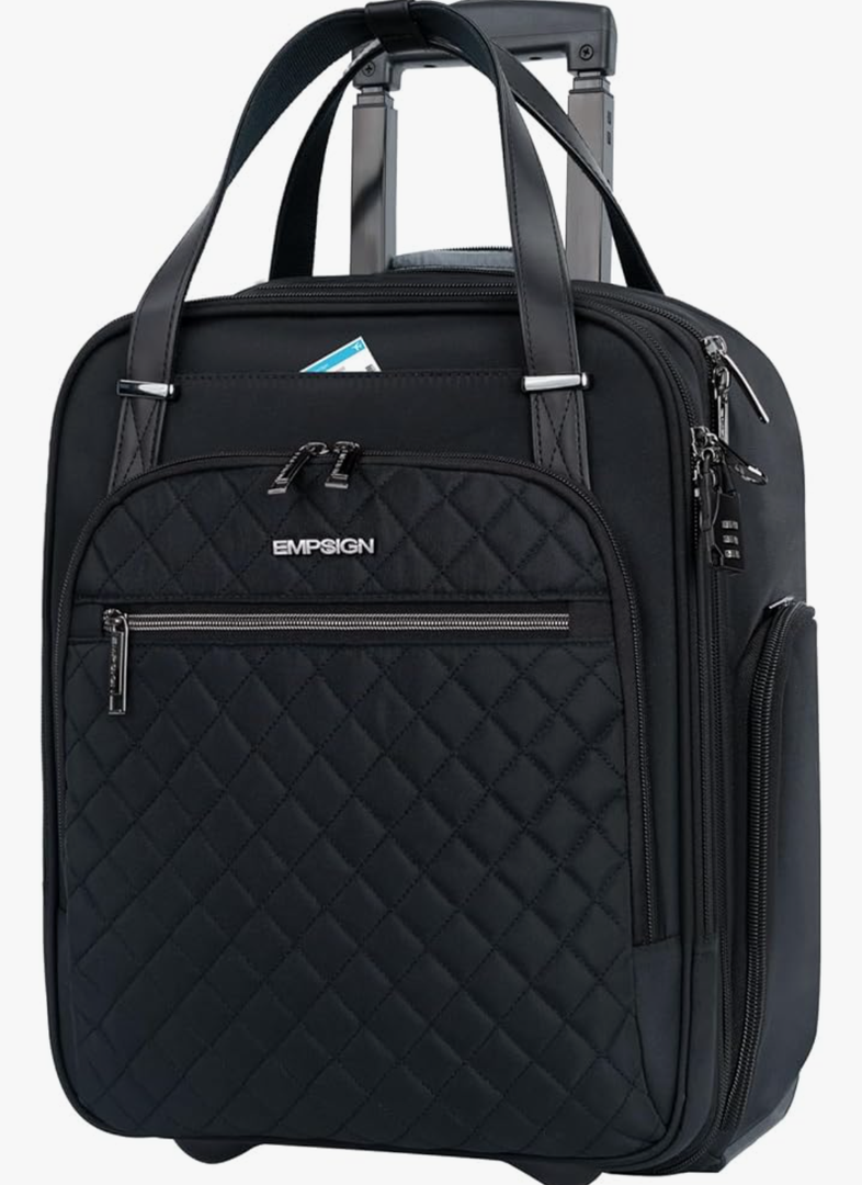 EMPSIGN Underseat Carry On Wheeled - 16" Carry on Bag with Wheels Multi-functional Lightweight Rolling Bag Overnight Weekender Small Suitcase for Women Men Travel Business, Black