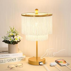 Boho Lamp for Bedroom, 3-Way Dimmable Bedside Touch Lamp with USB Charging Port, Gold Table Lamp, Fringe Boho Table Lamp for Living Room, Teens Room, Dresser, Nightstand, LED Bulb Included (White)