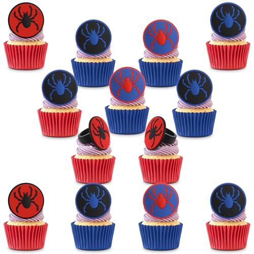 RoundFunny 48 Pcs Spider Cupcake Rings, Spider Cake Toppers, Cupcake Toppers Dessert Decorations for Birthday Halloween Party Gifts Classroom Prizes(Red/blue/black)