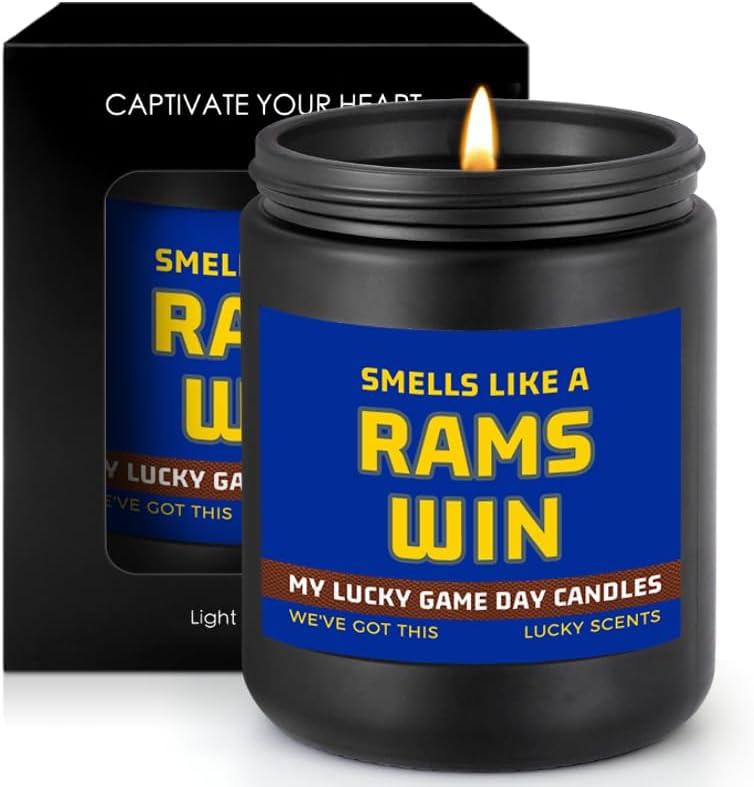 Smells Like A Rams Win Scented Candle Football Themed Merch Fan Shop Men Women Sport Stuff Gear Decor Team Accessories Husband Father Day Dad Guy Happy Birthday Valentine's Funny Cool Funny Gift Ideal