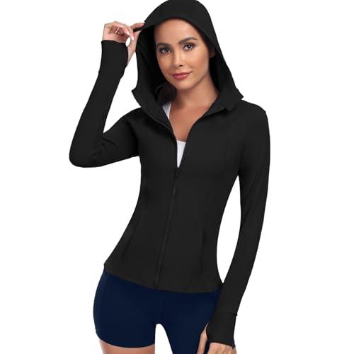 Zyrulix Women's Hooded Athletic Full Zip Workout Jacket With Pockets Running Slim Fit Yoga Sportwear With Thumb Holes XL