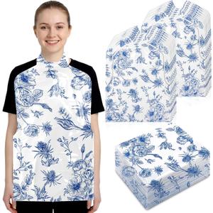 Unittype Disposable Bibs for Adults 25/50/100 Pcs Plastic Floral Bib Dining Clothing Protectors for Elderly Eating