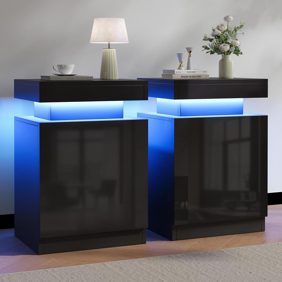 OneBlis Nightstands Set 2, 15 Inches LED Night Stand Set of 2, Modern Bedside Table with LED Lights, High Gloss Surface, End Table with Storage for Bedroom, Black