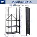 5 Tier Foldable Storage Shelf with Wheels, Heavy-Duty Metal Shelving Unit, No Assembly Book Shelf Rolling Storage Rack for Garage, Kitchen, Pantry, Closet, Exhibition, Office Decor, Black