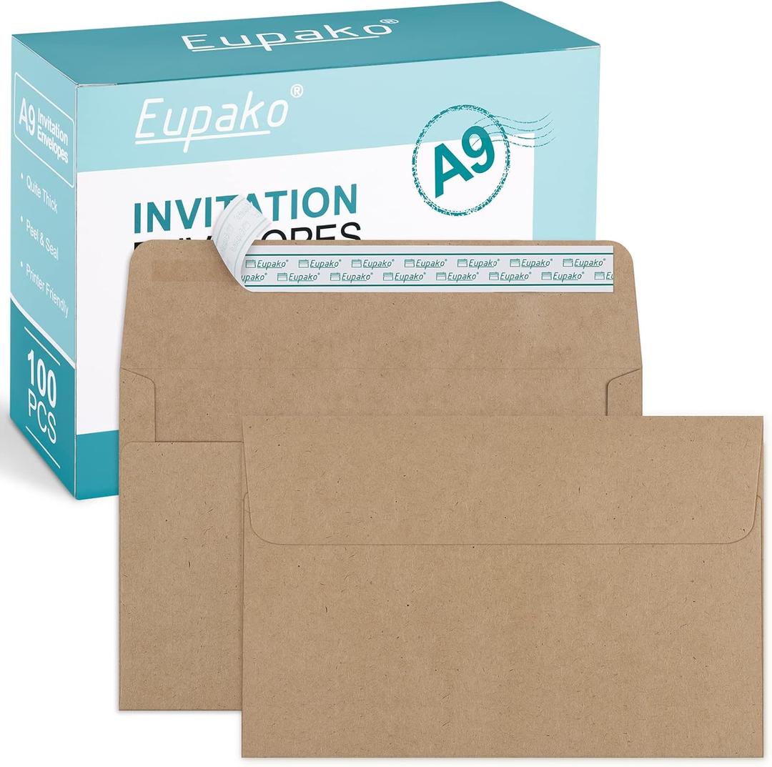 Eupako A9 Envelopes Sefl Seal 100 Pack, Brown Invitation Envelopes for Photos, Invitations, Announcements, Wedding, Baby Shower, 5-3/4 x 8-3/4 Inches