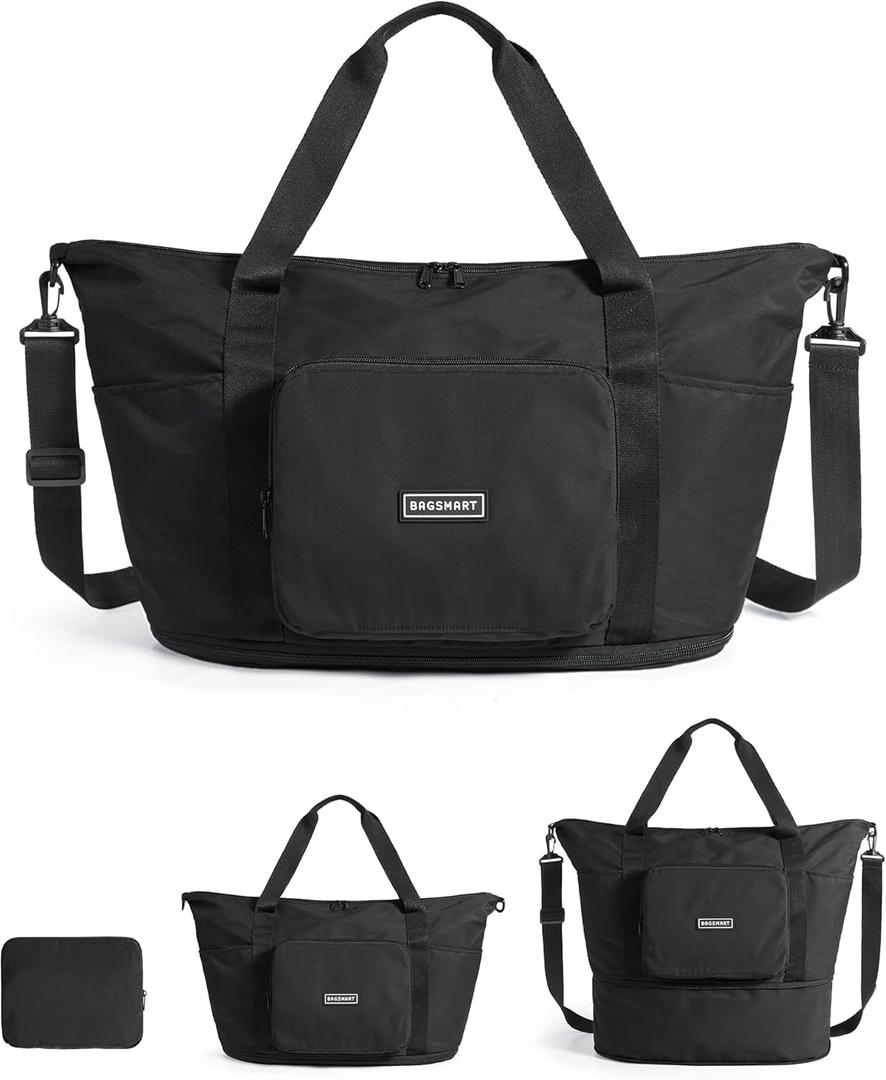BAGSMART Foldable Travel Bag, 37L Expendable Personal Item Bag, Lightweight Weekender Bags for Women, Water Resistant Extra Carry on for Travel, Black