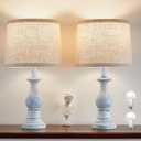 Vintage Table Lamp for Living Room Bedroom, 18.5" Farmhouse Bedside Lamps Nightstand Lamp Set of 2, Table Lamps with Oatmeal Linen Lamp Shades, 2 LED Bulbs Included, Washed Blue