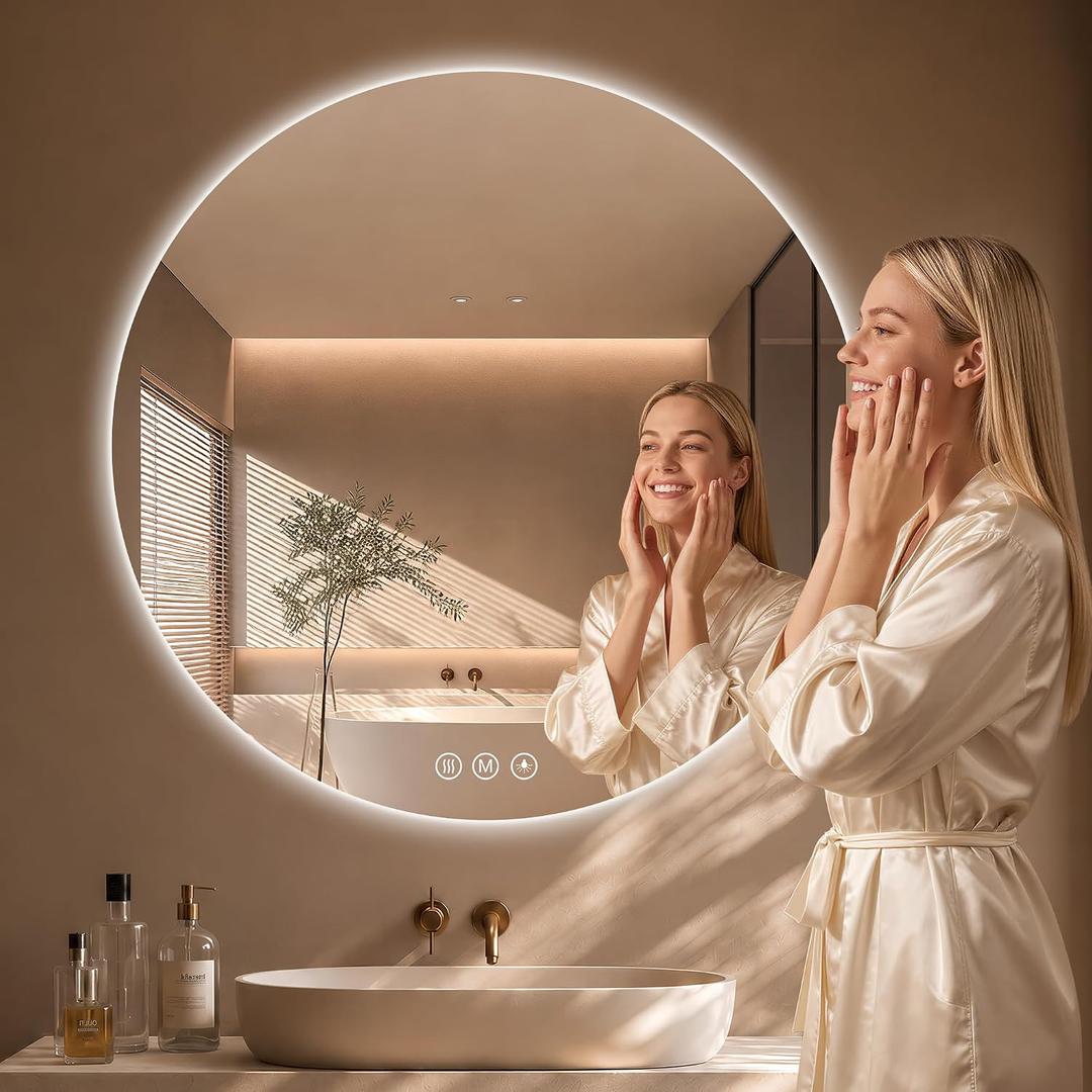 32" Round LED Bathroom Mirror with Lights, Backlit Mirror, Frameless