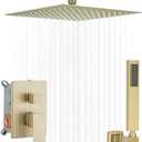 12 Inch Ceiling Mount Brushed Gold Shower System Bathroom Luxury Rain Mixer Shower Combo Set Ceiling Rainfall Shower Head System (Contain Shower Faucet Rough-in Valve Body and Trim)
