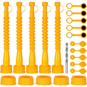 Qilinba Gas Can Spout Replacement 5 Kits, Gas Can Nozzle Replacement Set for most 1/2/5 Gallon Gas Cans, Upgraded Fuel Tank Spout with Flexible Nozzle, Vent Cap, Thick Rubber Pad, Spout Cover, Yellow