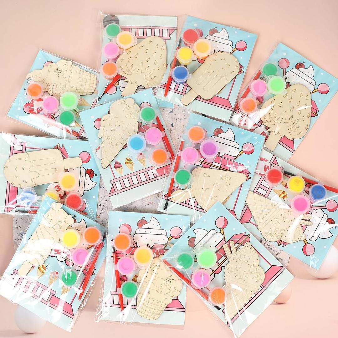 LARDUX 24pcs Ice Cream Party Favors Wood Painting Crafts - 8 Styles Ice Cream Shape Unfinished Woodchips Cutouts Craft Kits with Glow in The Dark Paint DIY Party Favors Birthday Party Decorations