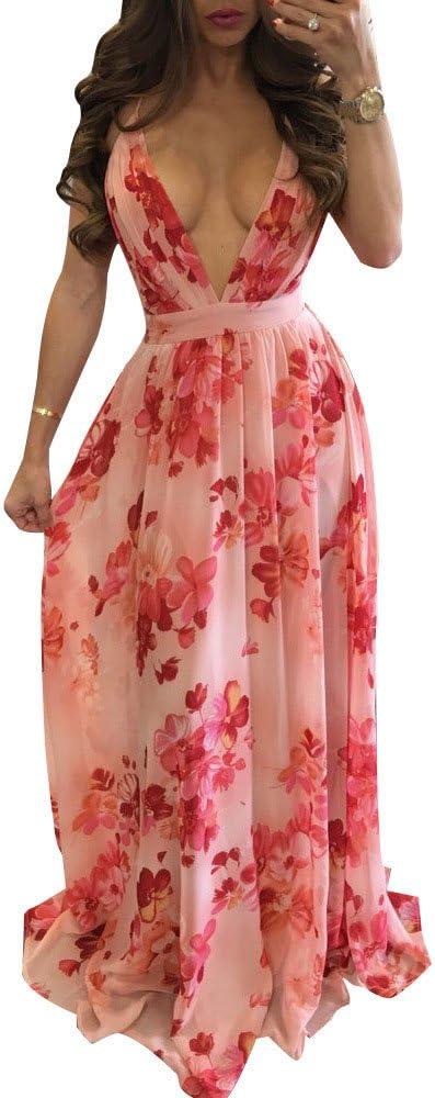 Remelon Womens Sexy Spaghetti Strap Deep V Neck Floral Boho Criss Cross Backless Chiffon Beach Party Long Maxi Dress, L