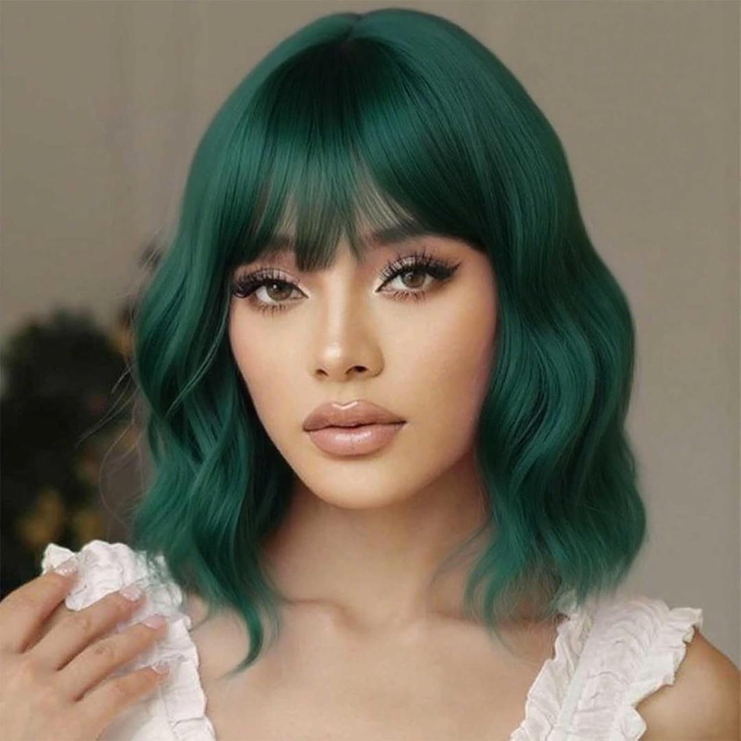 Green Short Bob Wavy Wig with Bangs for Women Wigs for Women Loose Curly Shoulder Length Bob Curly Women's Charming Synthetic Wigs Style Synthetic Fiber Wig (Green 12Inch)