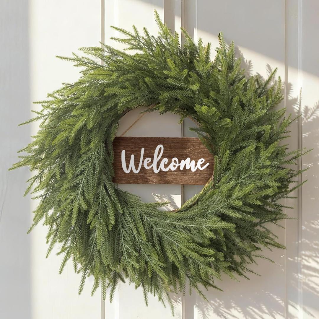 24 Inch Winter Wreath for Front Door: Real Touch Norfolk Pine Wreath with Welcome Wooden Sign - Christmas Large Artificial Green Wreath for Outdoor Indoor Wall Porch Windows Fireplace Decor