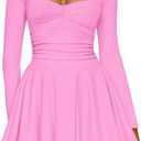 AGSEEM Womens Mini Dress Long Sleeve Square Neck Ruffle Hem Corset Ruched Waist A Line Short Party Dresses (Pink, XL)