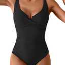 B2prity Women's Underwire One Piece Swimsuit Tummy Control Ruched Bathing Suit Criss Cross V Neck Swimwear (Black)