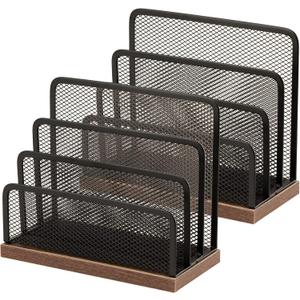 Wooden Desk Mail Organizer, Desktop File Organizer Metal Mesh with 3 Vertical Upright Compartments, Mail Sorter Letter Organizer Rack for Letters, Postcards, Brochures, Mail Holder (2 Pack Black)