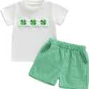 Toddler Baby Boy St Patrick's Day Outfit Clover Embroidery Short Sleeve T Shirt and Plaid Shorts 2 Piece Clothes Set