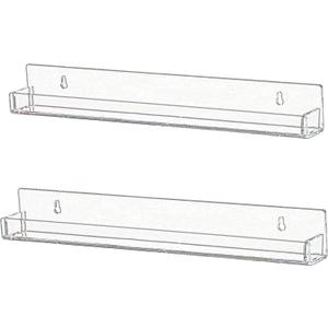 IEEK Nail Polish Rack Wall Mounted Shelf 2 Pack,Clear Kids Wall Bookshelf Acrylic Nail Polish Holder with Removable Anti-Slip End Inserts,2 Tiers Floating Polish Organizer Display 30 Bottles (Clear and Smooth)