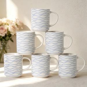 Ceramic Mugs Set of 6, 17oz Coffee Mugs with Handpainted Blue Stripe Pattern, Modern Stackable Coffee Cups, Dishwasher and Microwave Safe Mugs for Coffee, Tea, Milk
