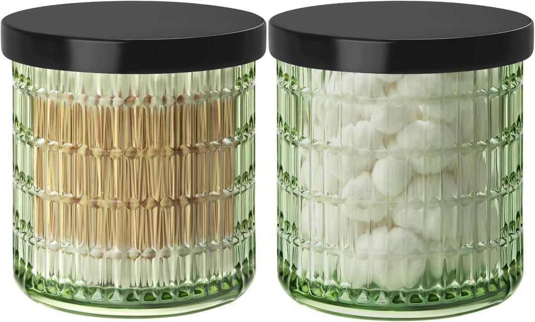 Bathroom Storage Organizer - 2 Pack Glass Qtip Holder Dispenser, Vanity Organizer, Bathroom Essentials Decor Canister for Cotton Swabs, Cotton Balls, Pads, Floss Picks (Green)