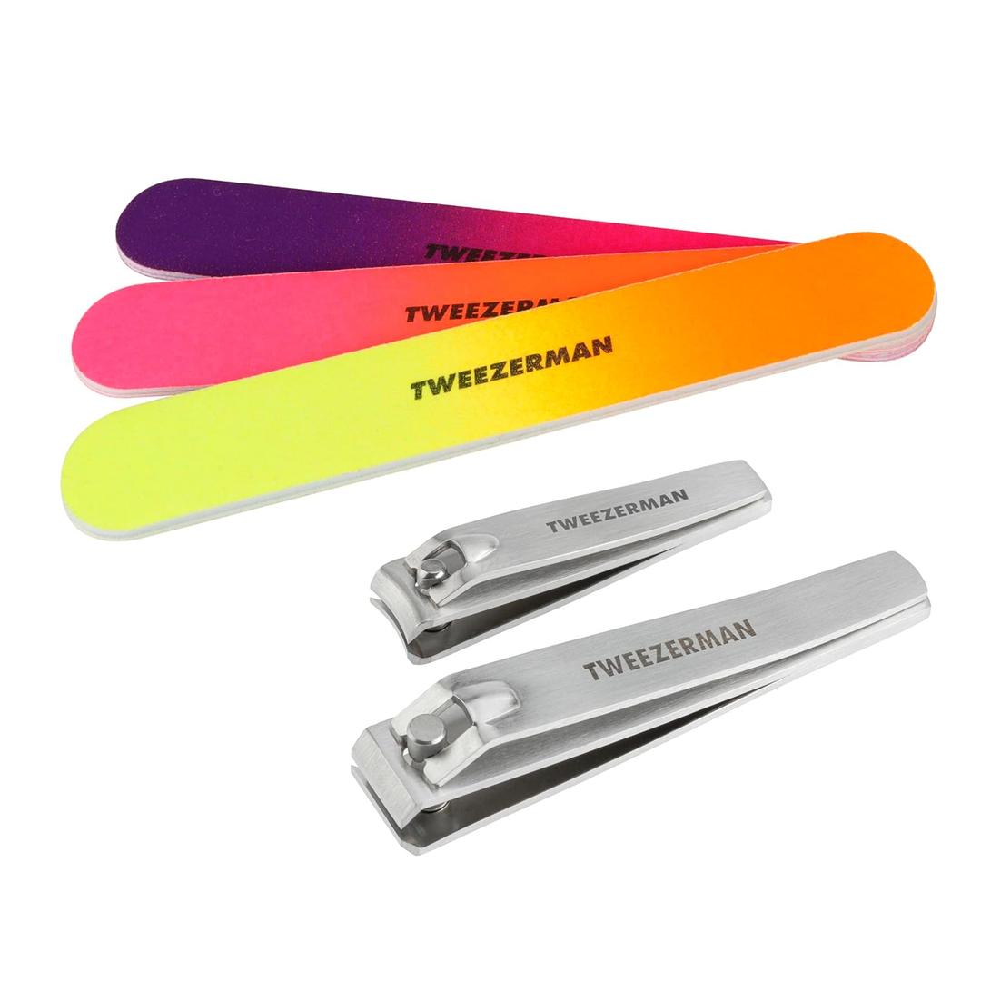 Tweezerman Stainless Steel Nail Clipper Combo Set with Three Neon Nail Files