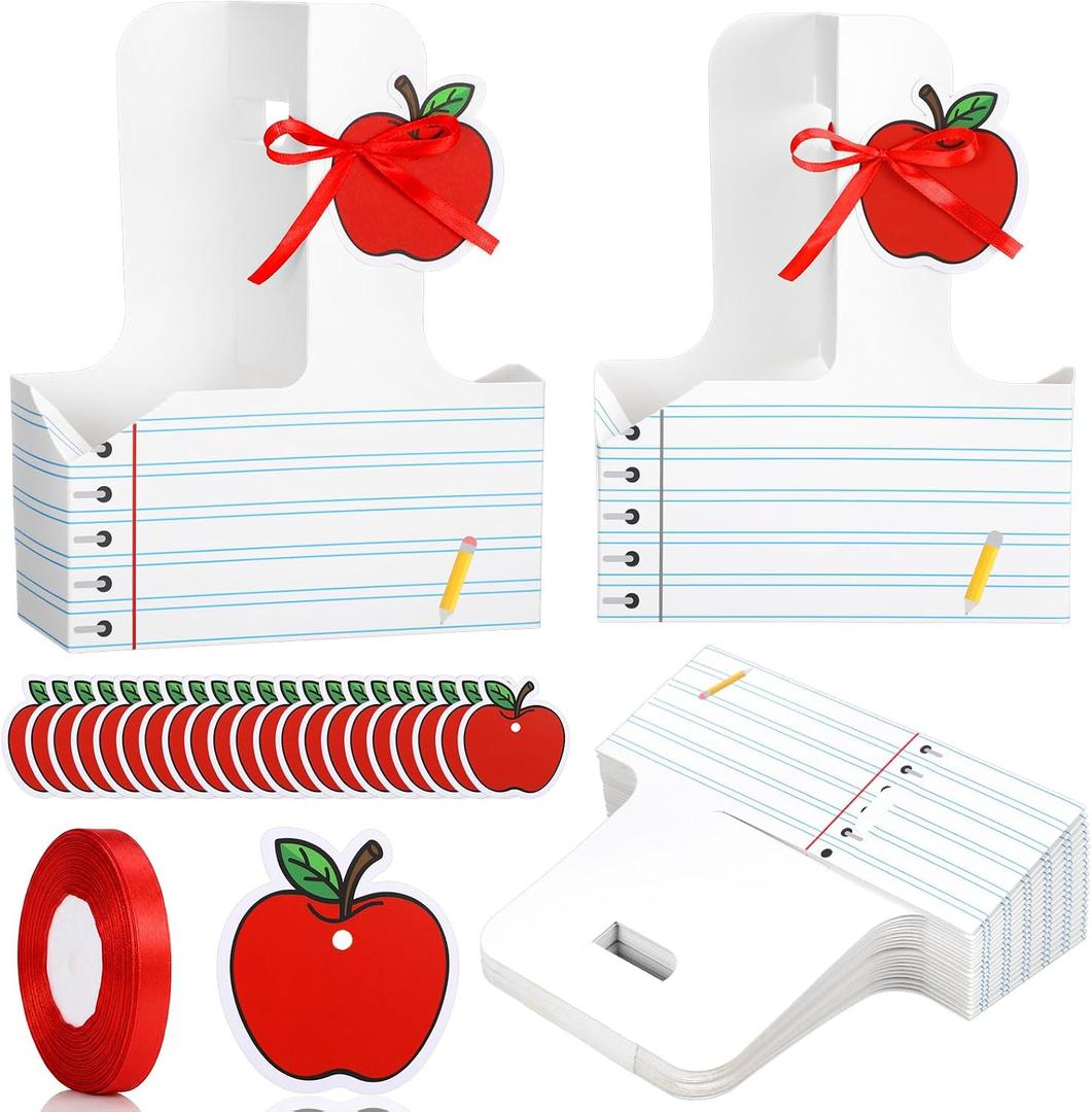 20 Set Teacher Appreciation Gifts 2 Cup Drink Carrier, Disposable Cardboard Kraft Coffee Cup Holders with Handle Apple Greeting Card Ribbon for Graduation School Party Favors(White Stripes)