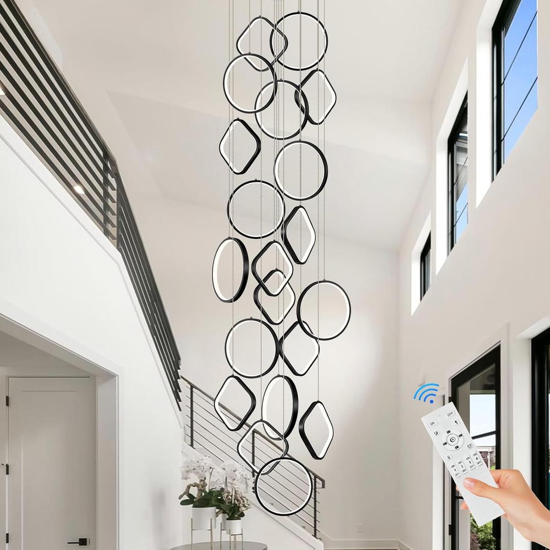 Modern LED Chandelier 20-Light Black Chandeliers for High Ceiling Dimmable Foyer Chandeliers with Remote Control Large Long Chandelier for Staircase Living Room Entryway, 3000-6500k