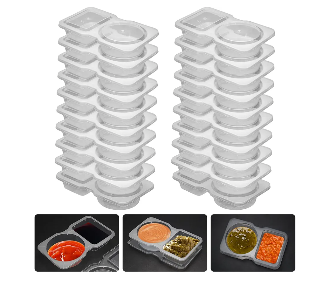 20 Set Reusable Snack Containers, 2-Compartment Dipping Containers with Lid for Refrigeration, Portion Control, Outdoor Takeaway Sauce Dip Case