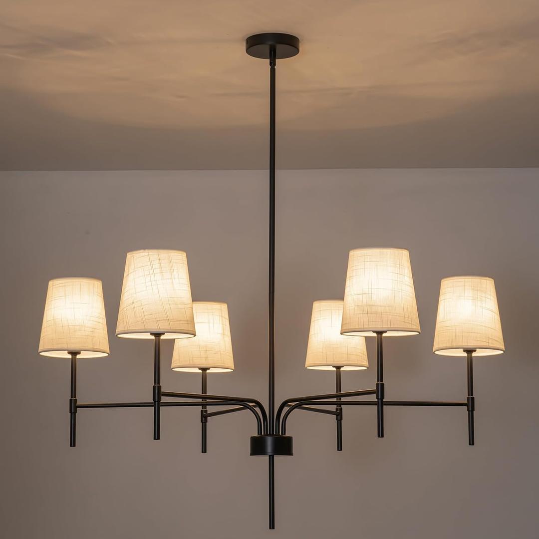 2026 New Black Chandeliers for Dining Room Light Fixture over Table, 34" 6-Light Transitional Modern Farmhouse Chandelier with White Fabric Shade, Pendant Lighting for Kitchen Island Living Room Foyer