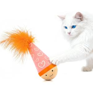 Lulu's world Cat Feather Toy, Catnip-Free Wooden Tumbler for Kittens & Indoor Cats, Interactive Wobble Starter Toy (Niuniu)