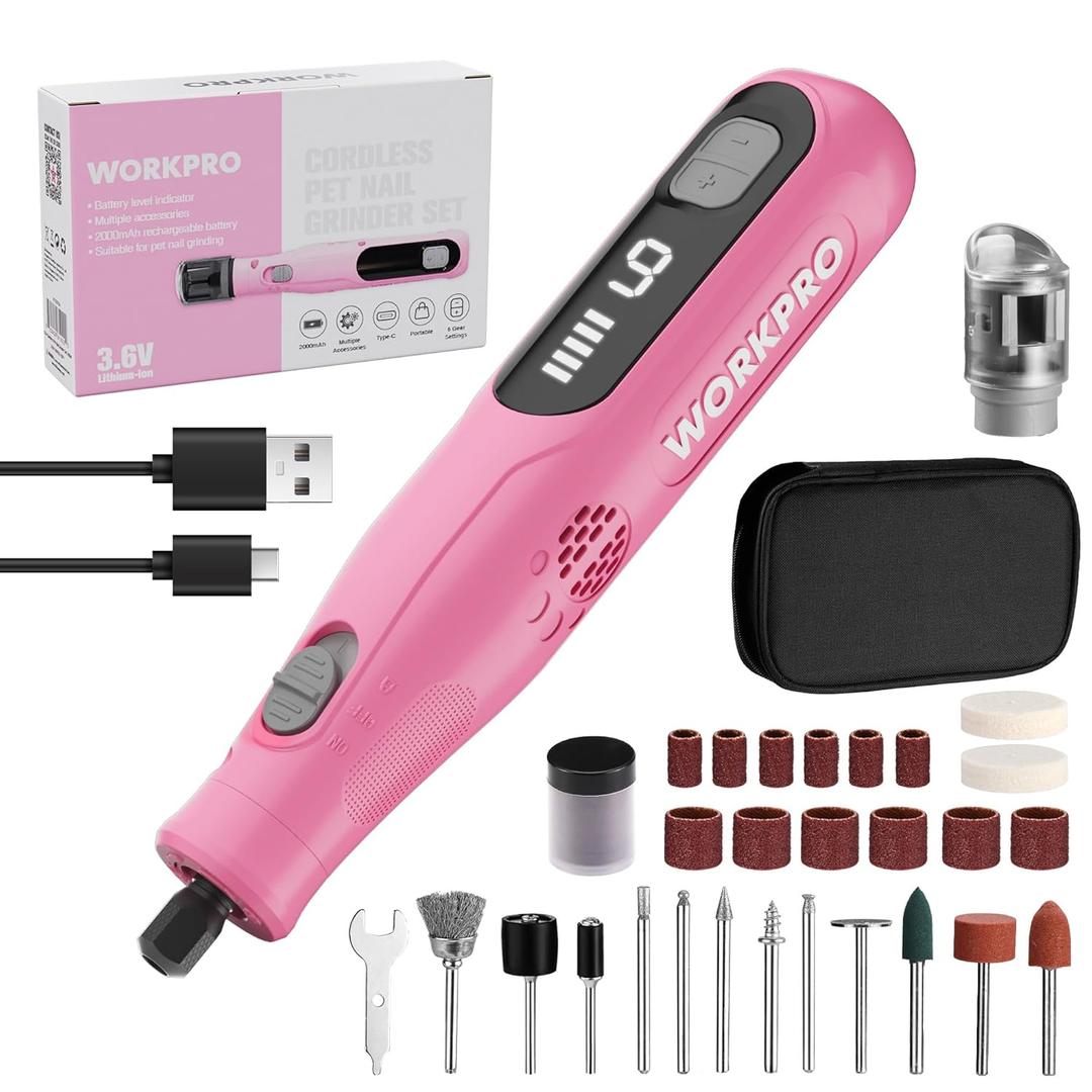 WORKPRO 3.6V Cordless Rotary Tool Kit, 70 Accessories, 6 Variable Speeds, Type-C Rechargeable, Mini Power Rotary Tool for Engraving, Sanding, Polishing and Pet Nail Grooming (Pink)