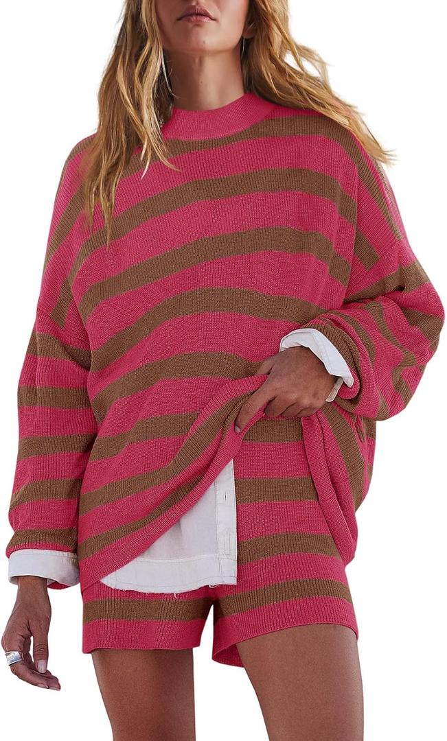 LAMISSCHE Womens Oversized Lounge Sets 2 Piece Outfits Striped Matching Pajama Set Long Sleeve Sweater Set (X-Large, Brown&h Pink)