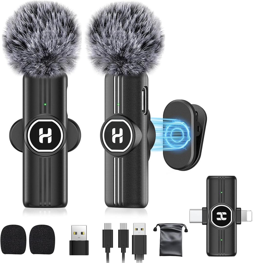 Mini Wireless Lavalier Microphone for iPhone, iPad, Android Phone - Noise Reduction Lapel USB C Bluetooth Mic for Recording, Clip on Omni Lav Mic for Video Recording, Tiktok, YouTube, Vlog (Black J25 2IN1)