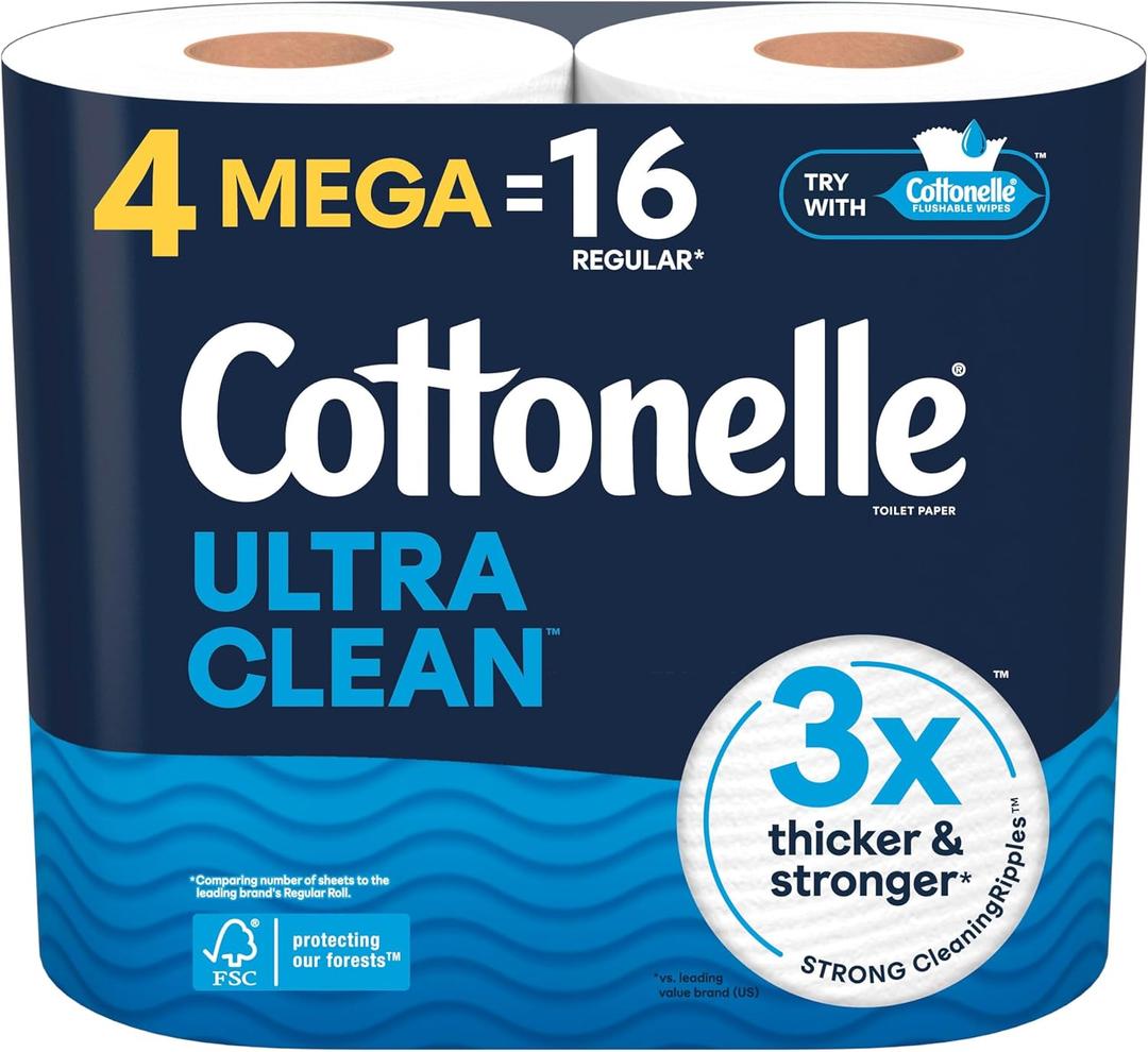 Cottonelle Ultra Clean Toilet Paper, 4 Mega Rolls = 16 Regular Rolls, Packaging May Vary
