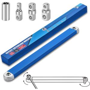 Offset Extension Wrench,15 Inch Impact Ready Socket Wrench Extender Tool Set with 1/2", 1/4" and 3/8" Square Drive Adapters, Zero Degree Ratchet Tool for Car Blue (Blue)