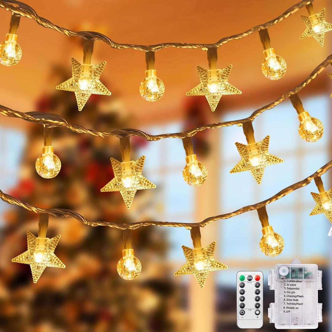 LEXKAEQI 33Ft 80 LED Star String Lights,8 Modes Globe Fairy Lights Battery Operated with Remote&Timer,Waterproof Christmas Globe Lights for Indoor Outdoor Bedroom Garden Party Decor Warm White