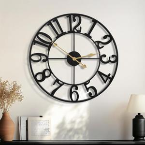 HAITANG Wall Clock Large 18 Inch Round Black Metal Silent Non Ticking Battery Operated Modern Vintage Decorative Clock for Living Room Bedroom