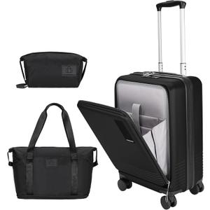 20 inch Small Carry On Luggage Front Open with Laptop Pocket, ABS+PC Hard Shell Suitcase with Spinner Wheels TSA Lock & YKK Zipper, 20in/Toiletry Bag/Handbag, Black (20in/TB/HB)