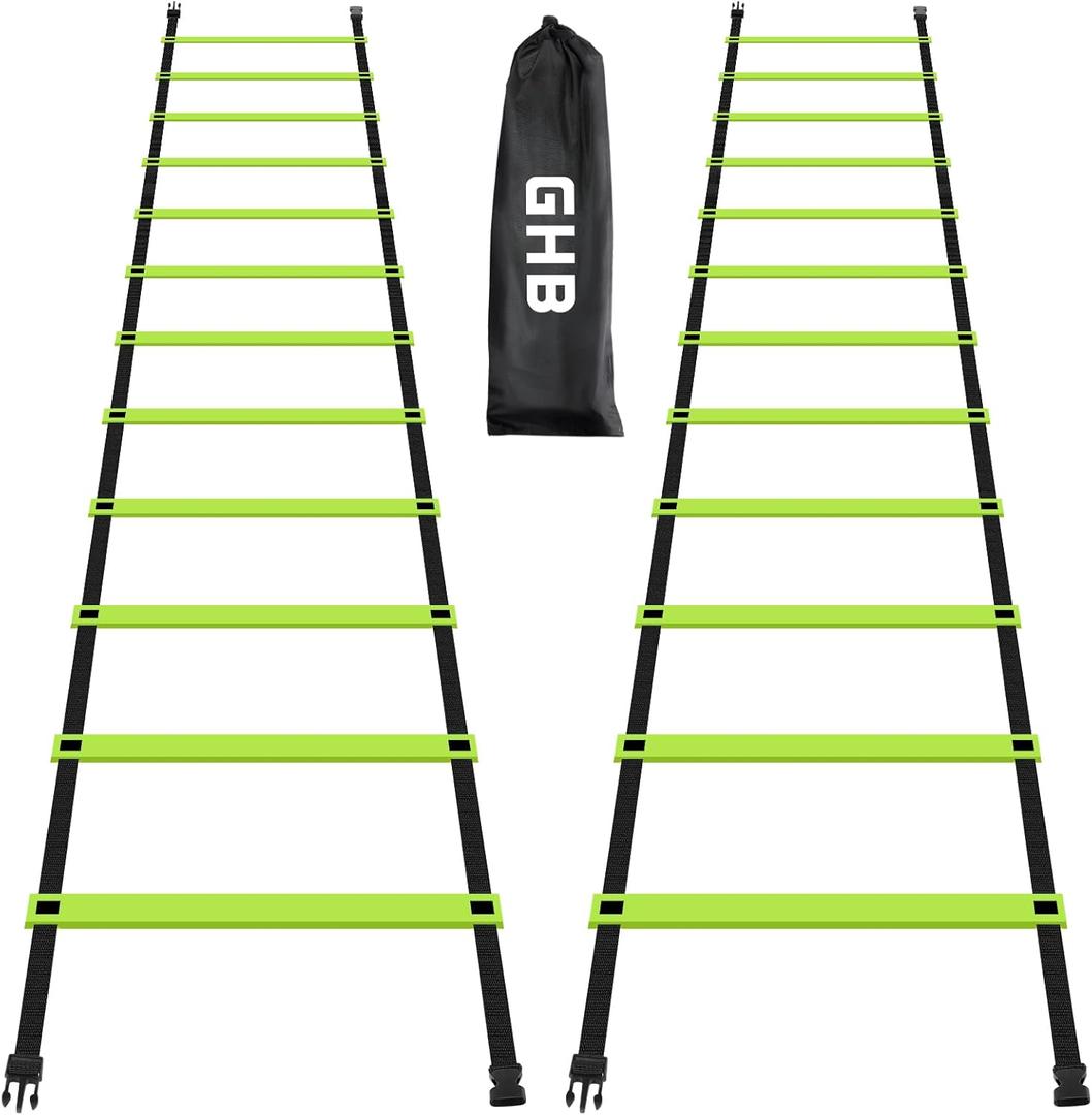 GHB Pro Agility Ladder Agility Training Ladder Speed 12 Rung 20ft with Carrying Bag (Green-2 Pack)