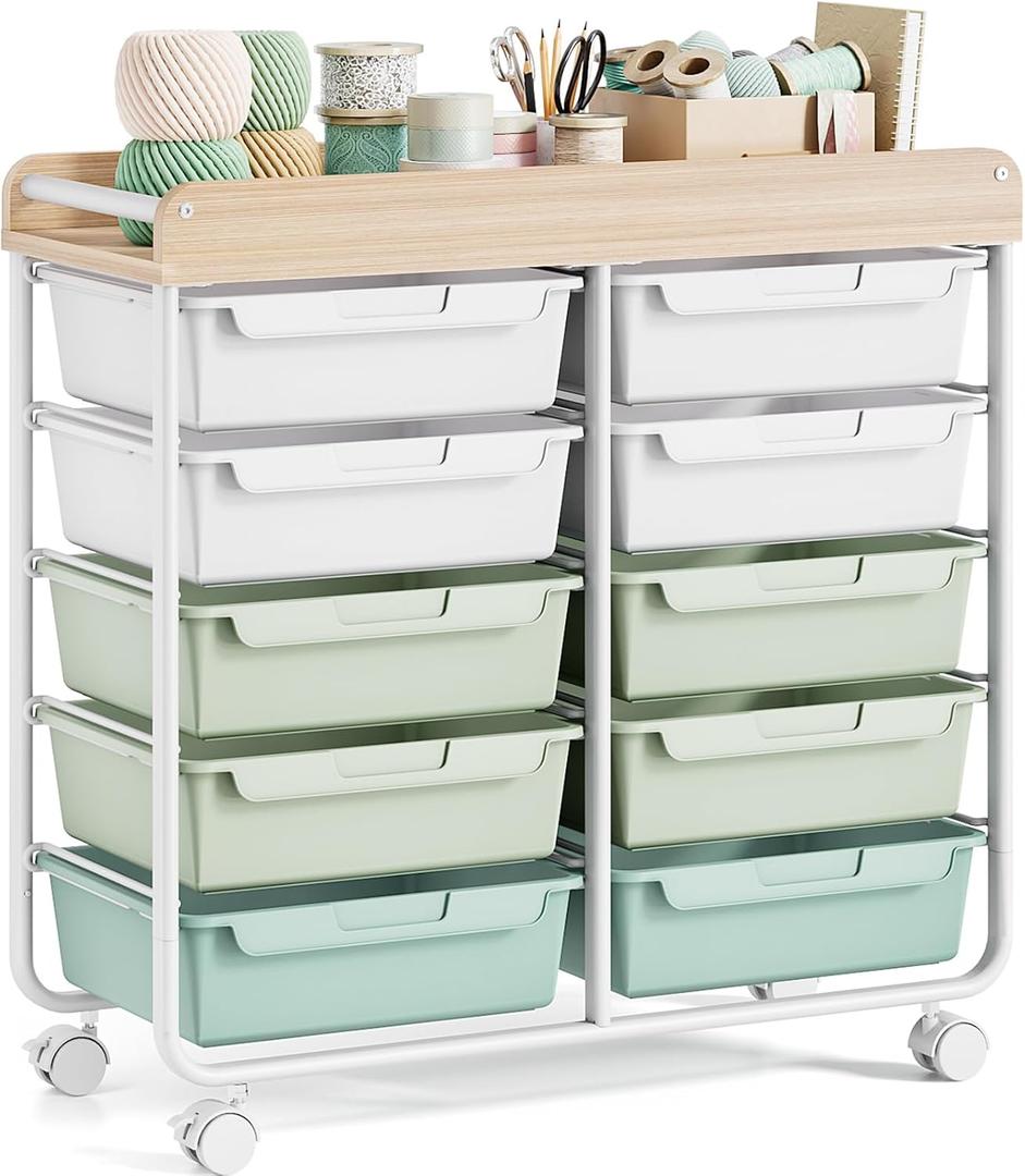 Rolling Storage Cart with 10 Large Drawers, Utility Cart with Wooden TableTop for Craft Organizers, Art Supply Storage, Home Office Organization, Cart with Wheels for Classroom, School, Green