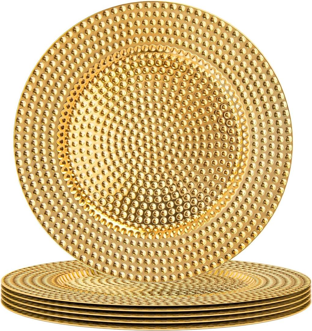 MAONAME 13" Gold Charger Plates Set of 6, Plastic Charger for Dinner Plates, Electroplated Plate Chargers, Hammer Round Chargers for Table Setting, Wedding Decor