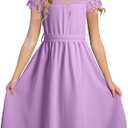 blibean Tween Girls Summer Dresses Kid Short Sleeve Lace Mesh Belted Flower Dress 2025 Party Semi Formal Elegant Fancy Wedding Gust Outfit Solid Casual Dressy Flare Clothes Size 3 Year Purple