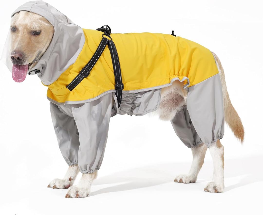 LIANZIMAU Waterproof Dog Raincoat 4 Legs with Leash Hook Reflective Adjustable Belly Strap Clear Hood Lightweight Polyester for Large Dogs (L, Yellow)